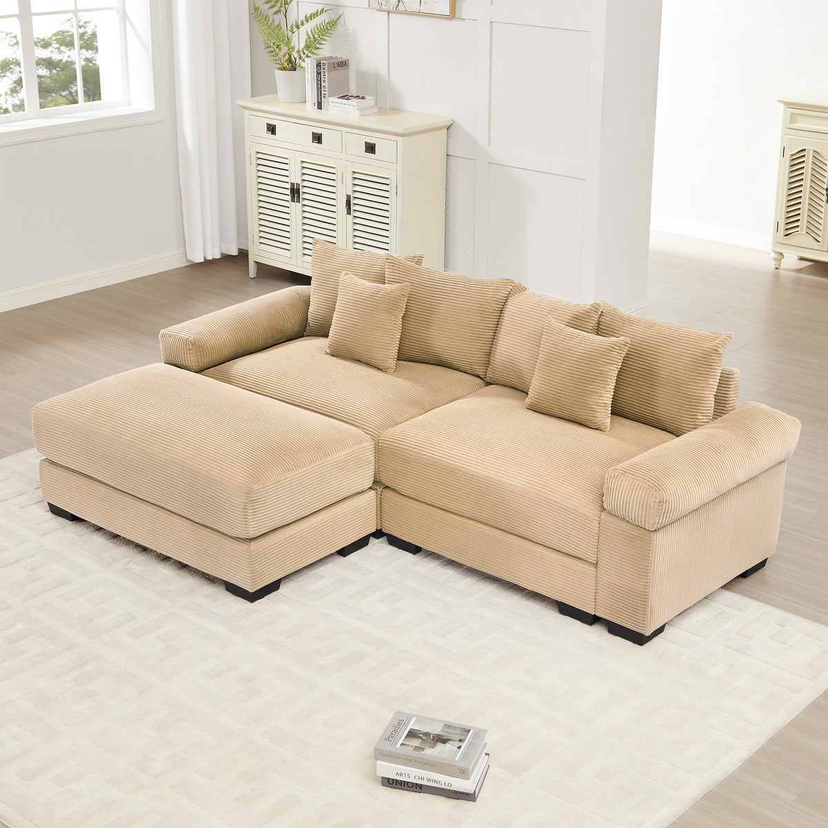Camel Corduroy L-Shaped Modular Sectional with Ottoman, 92 in Wide