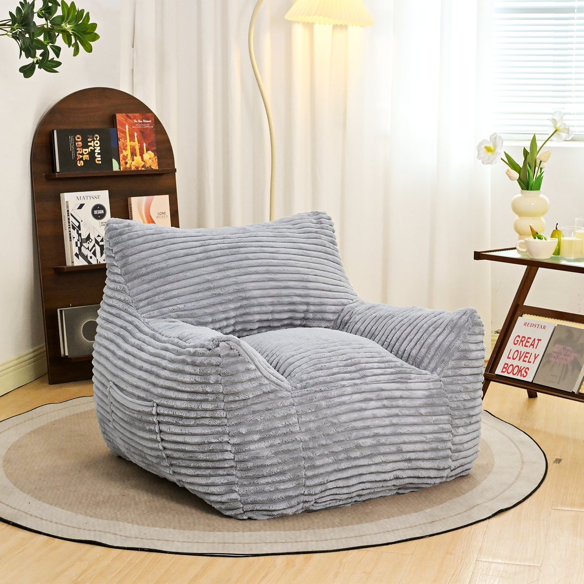 Light Gray Corduroy Bean Bag Chair, 41.8 in Wide