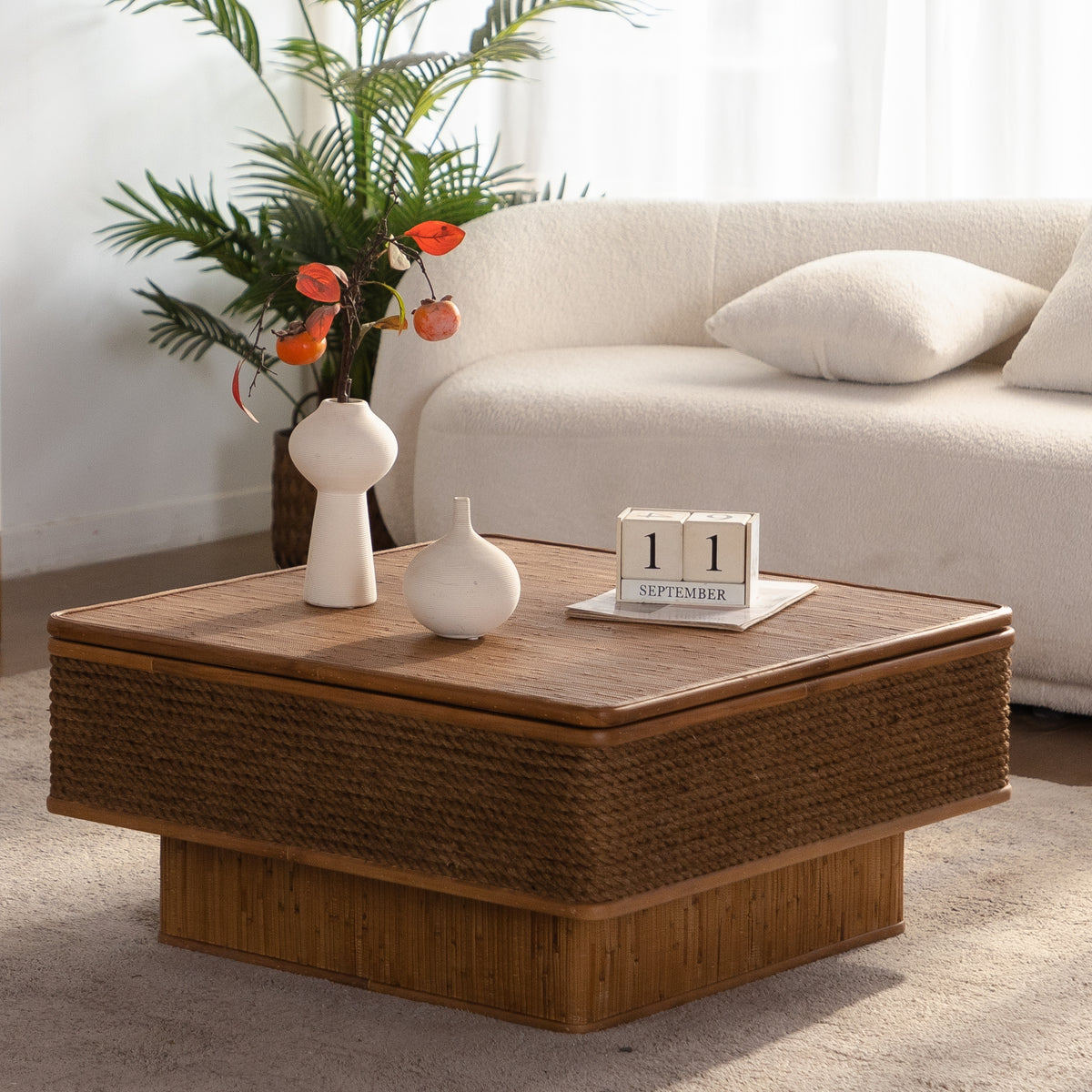 Natural Rattan Square Coffee Table with Storage, 31.5 in