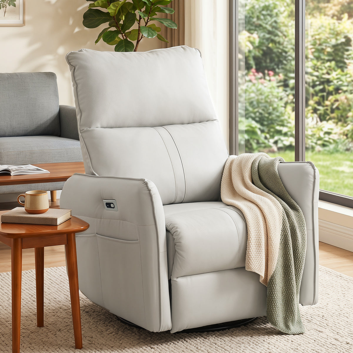 Light Gray Vegan Leather Power Swivel Rocker Recliner, USB Charging