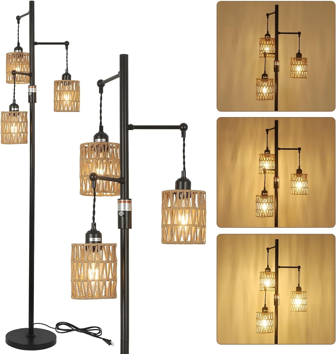 Floor Lamp with Rattan Shade, 3-Light Metal Base, Brown and Black