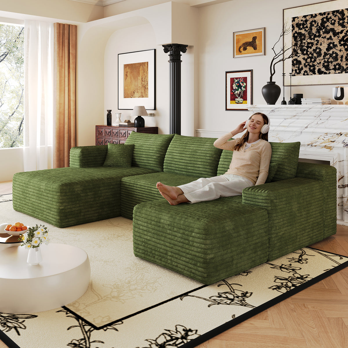 Green Corduroy L-Shaped Sectional with Ottoman, Left-Facing