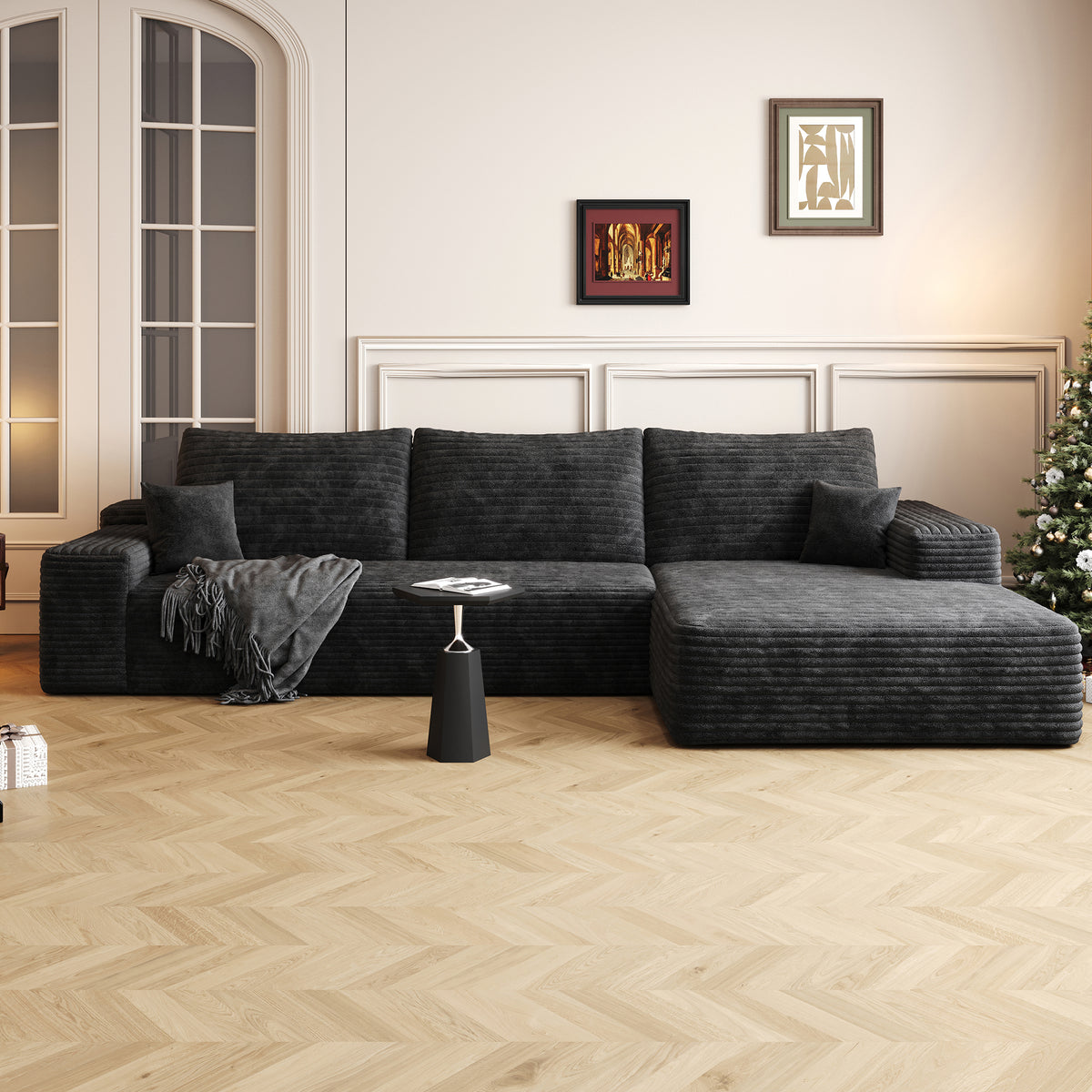 Black Corduroy L-Shaped Modular Sectional, 107 in Wide, Right-Facing