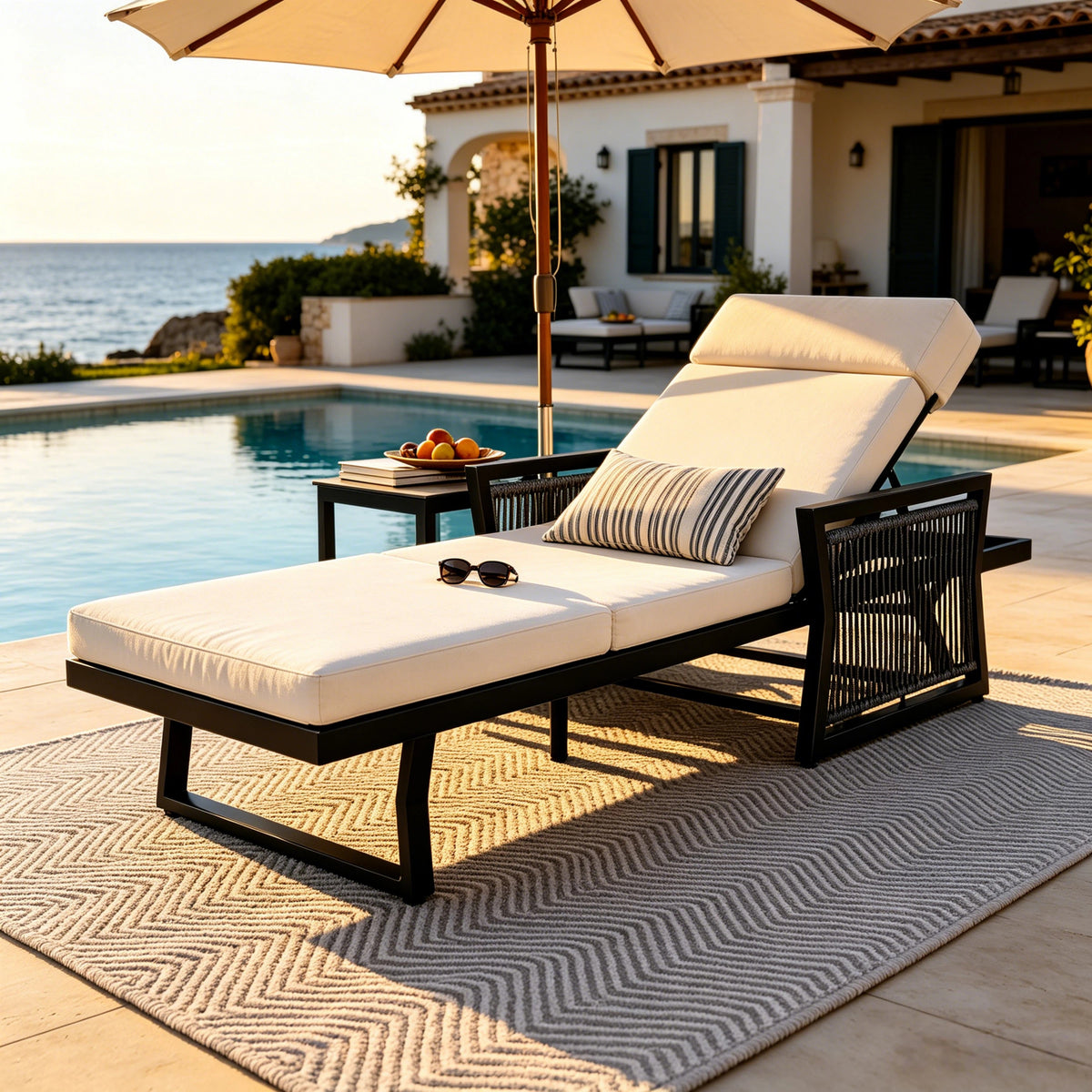 Black Adjustable Outdoor Chaise Lounge, Cream Cushion, 4-Fold Cushion