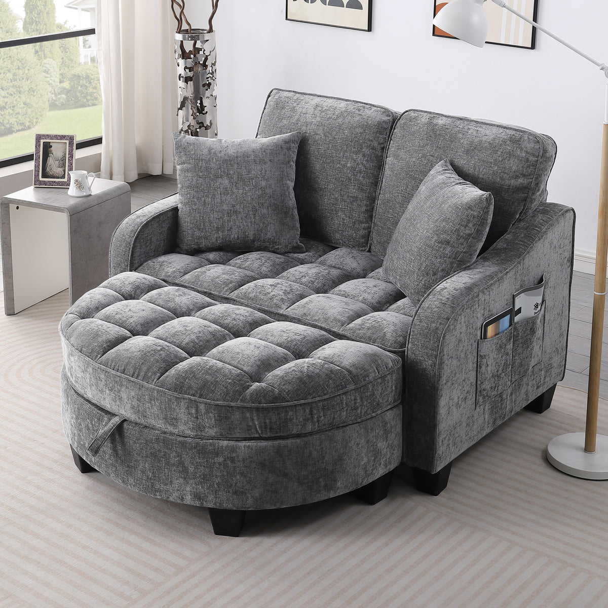 Gray Corduroy 2-Seat Couch with Ottoman, Plastic Legs