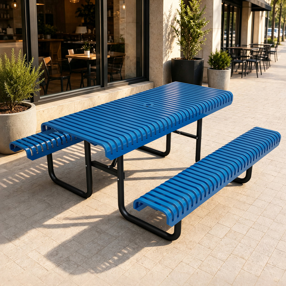 Blue Metal Outdoor Dining Table with Umbrella Hole