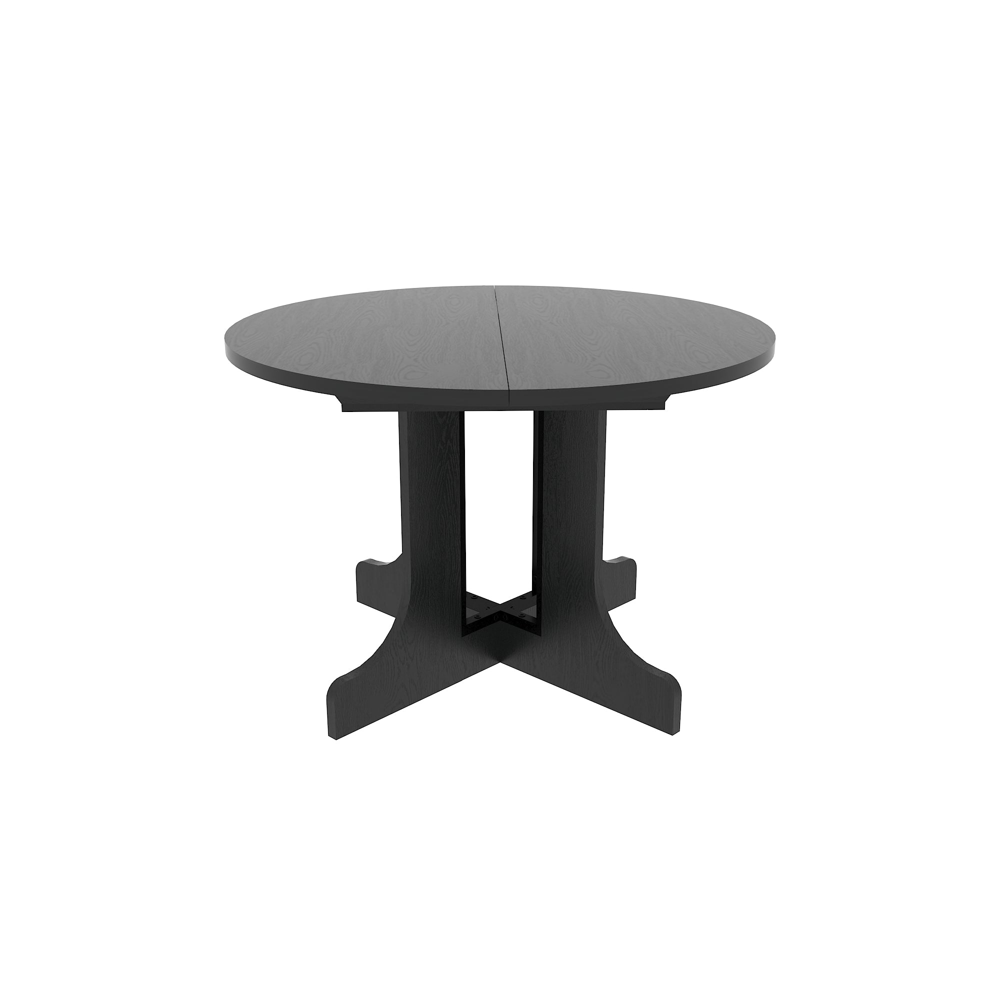 Front view of the round black dining table with pedestal base on a white background