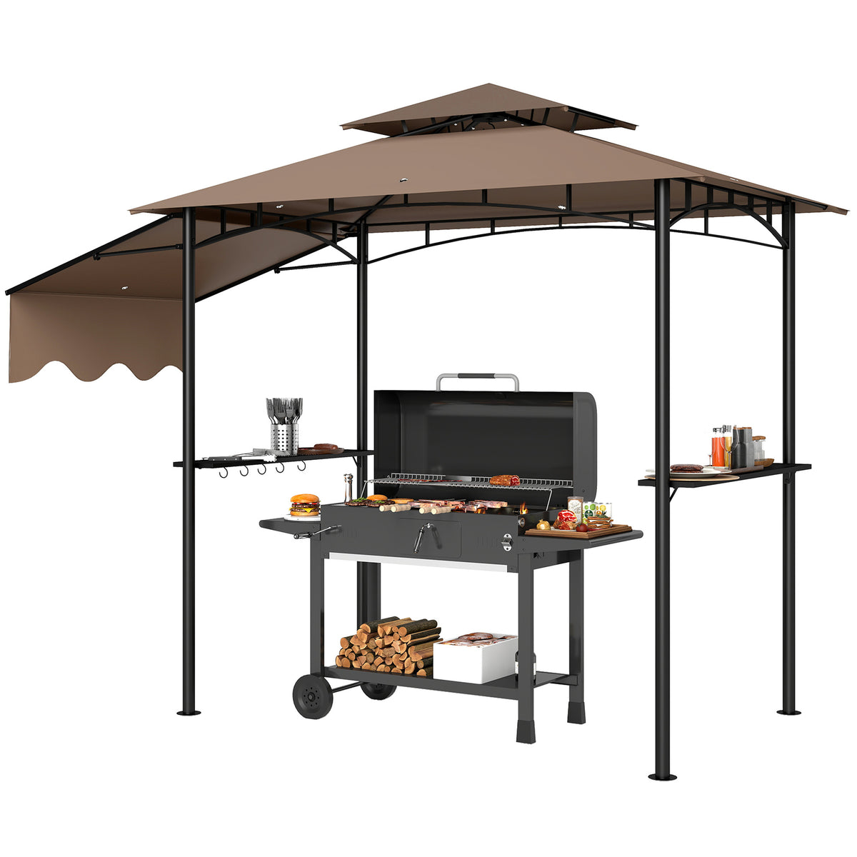 5x8 ft Brown Metal Double Tier Gazebo with Side Shelves