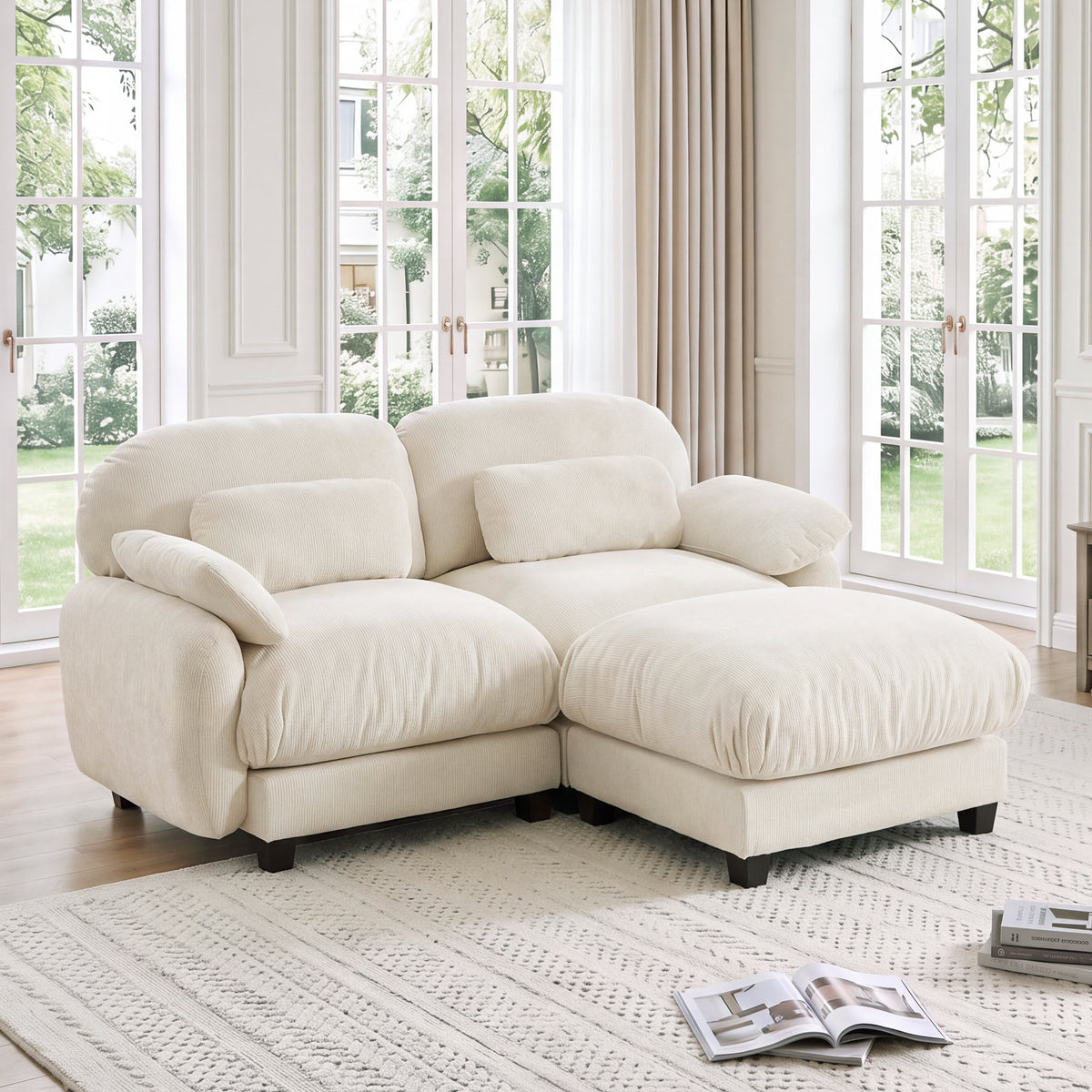 Beige Chenille Modular Sectional Couch with Ottoman, 2-Seat