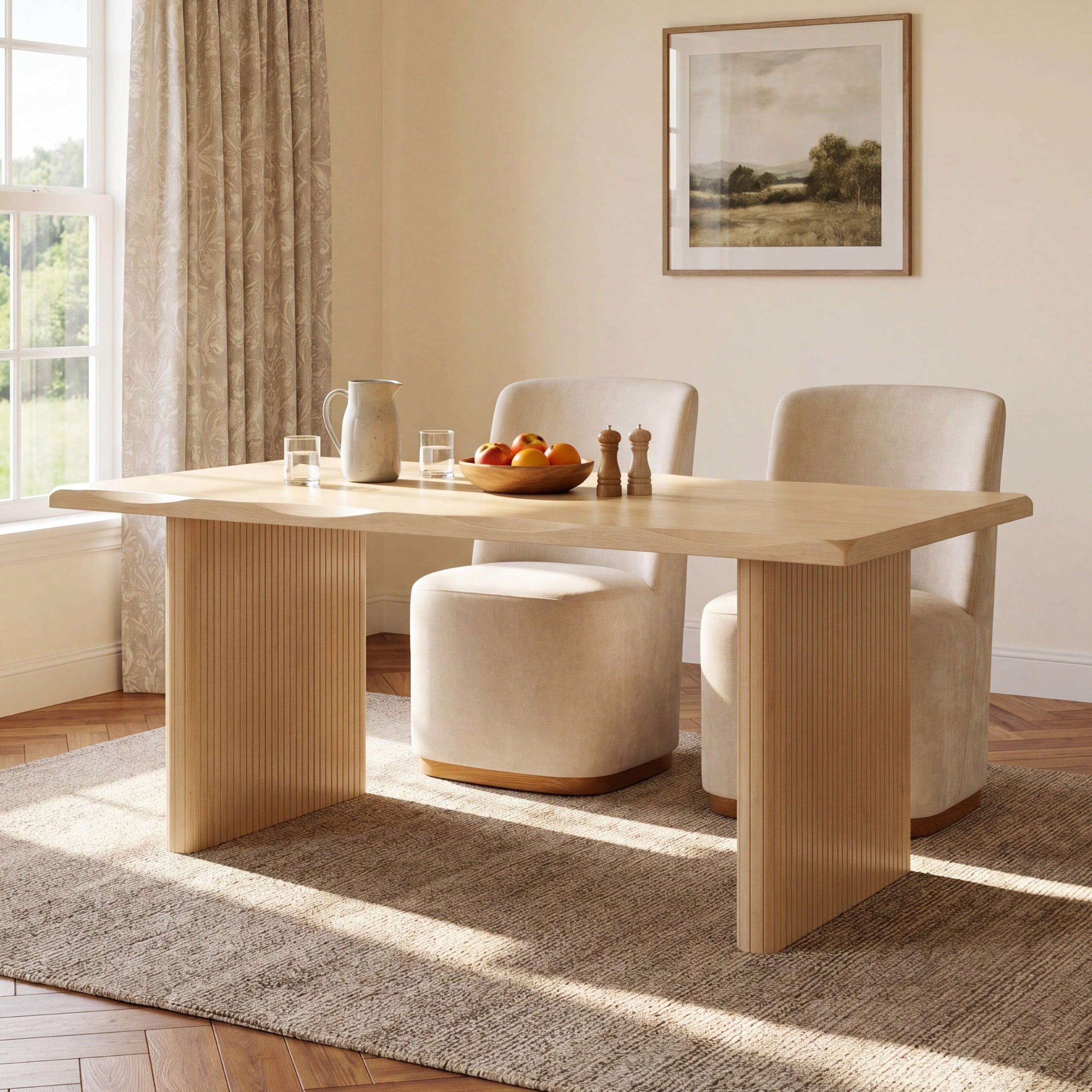 Three-quarter studio view of the natural oak dining table with fluted panel legs
