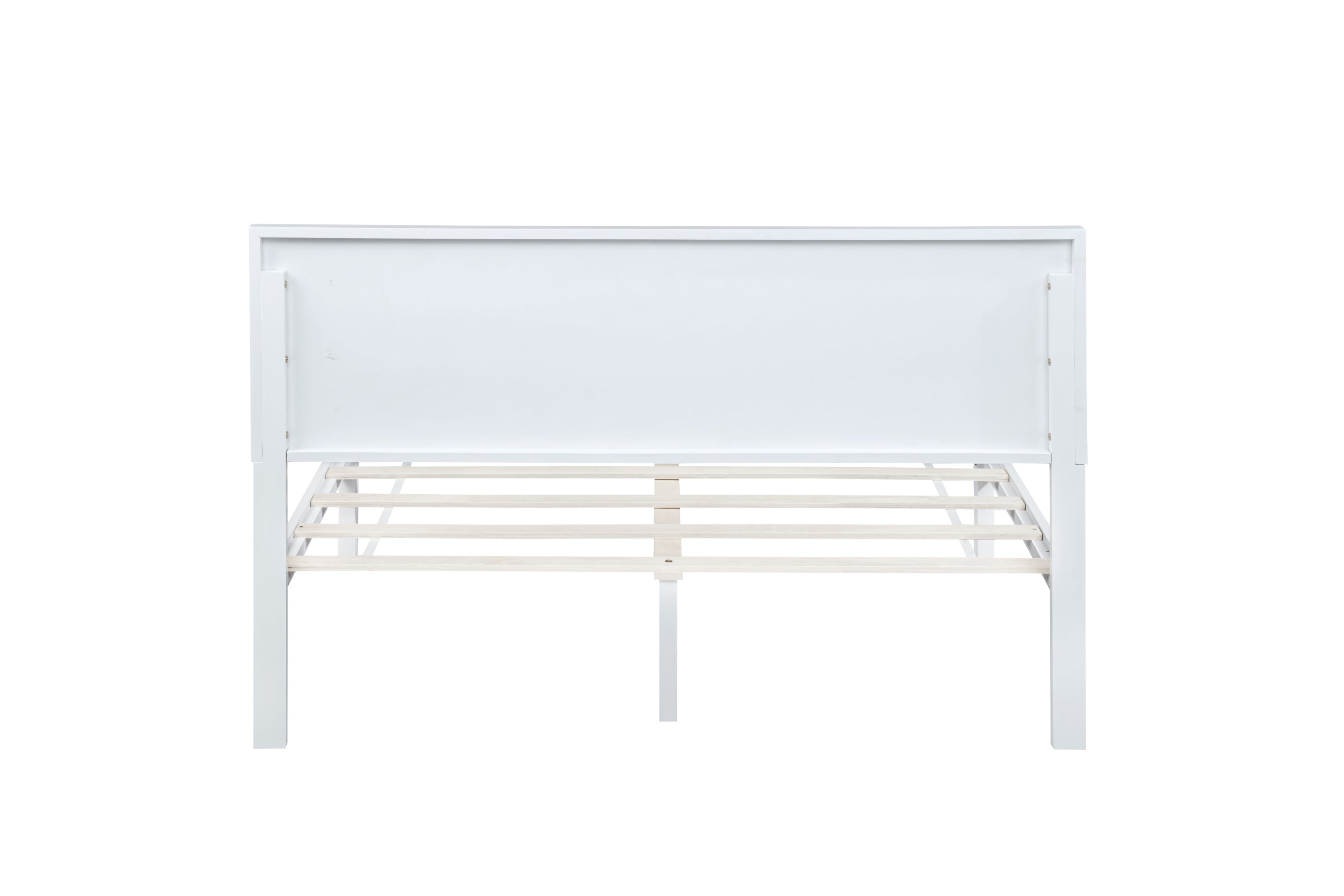 Angled view of a white queen bed frame with recessed-panel headboard and wood slats #Color_White