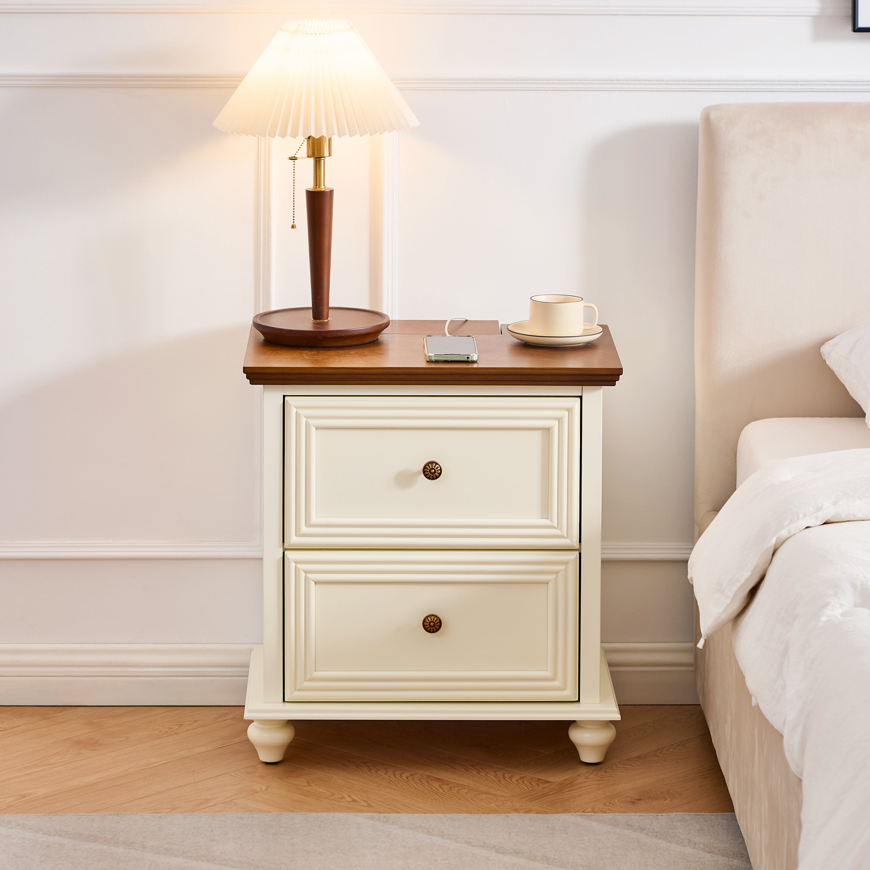 22.9 in Mid Century Nightstand with Outlets, Brown and White