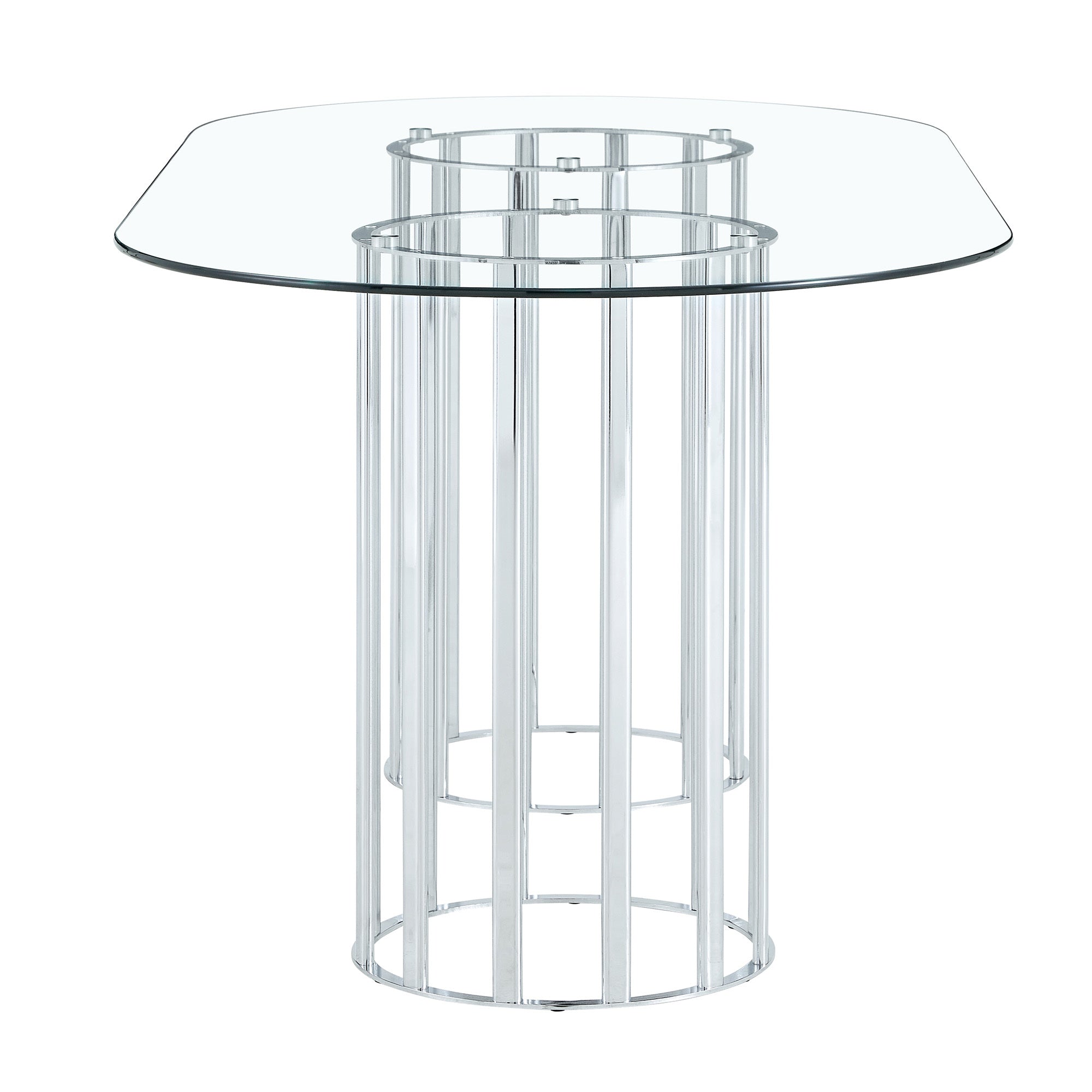 Angled studio view of the glass dining table showing its rounded top and silver column base.