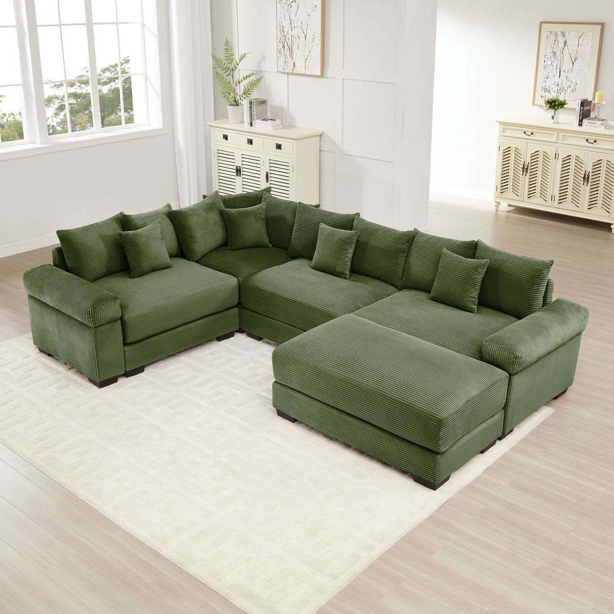 Green Corduroy Modular Sectional with Ottoman, 4-Seat