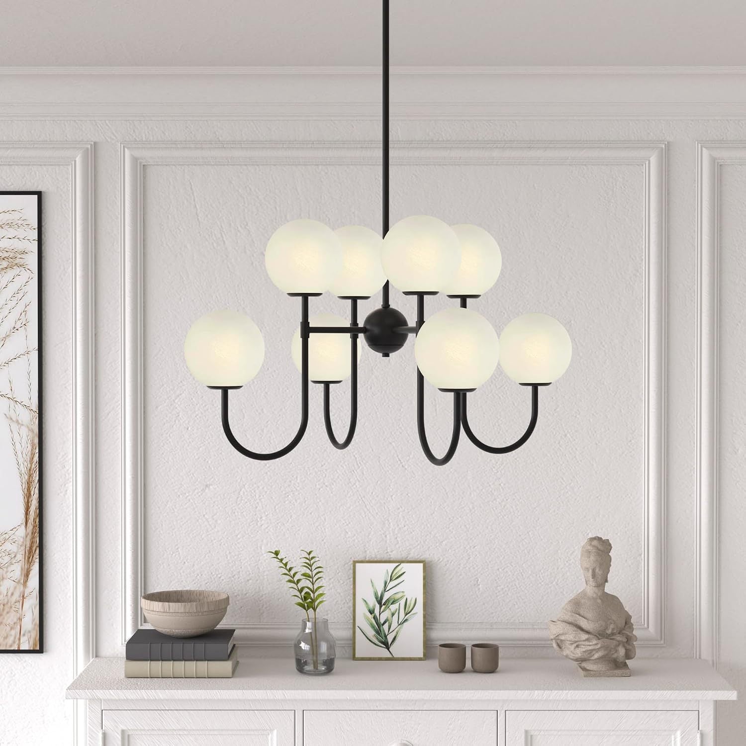 Chandelier, 8-Light Glass Shade, Dusk-to-Dawn Sensor, Black