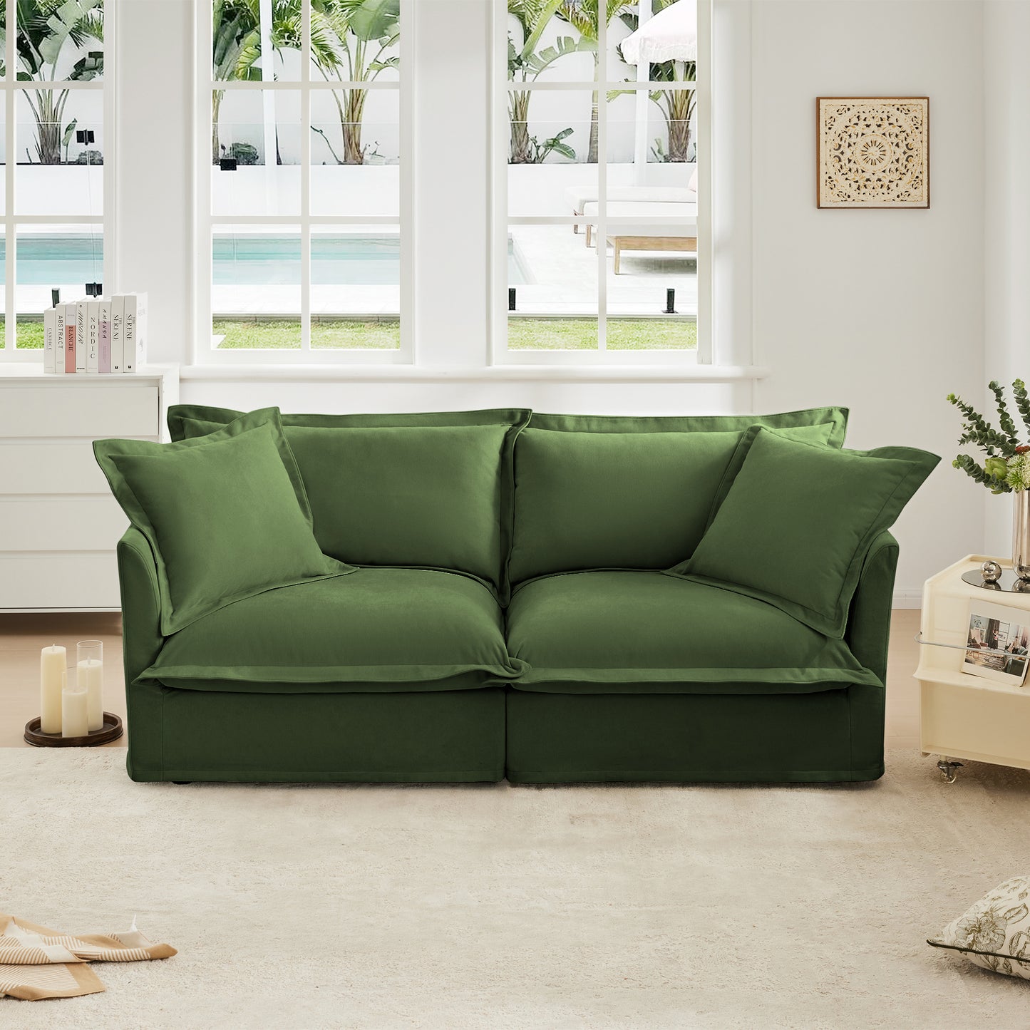 Fluffy 2-Seat Chenille Modular Sofa – Olive, Washable