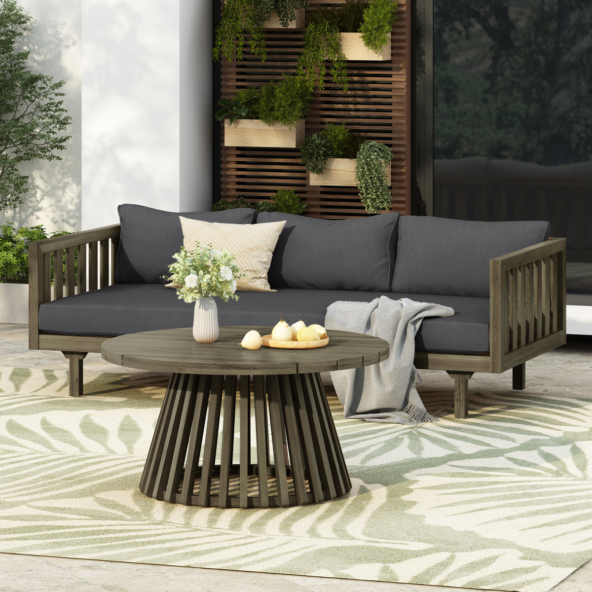 Gray Solid Wood Outdoor Sofa Set for 3