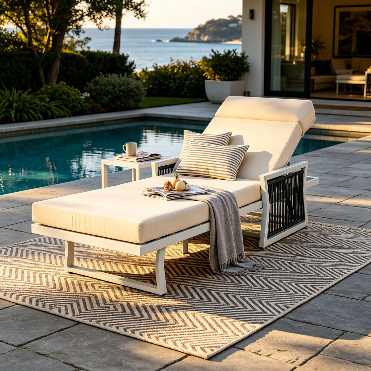 White Metal Adjustable Outdoor Chaise Lounge, Cream Cushion