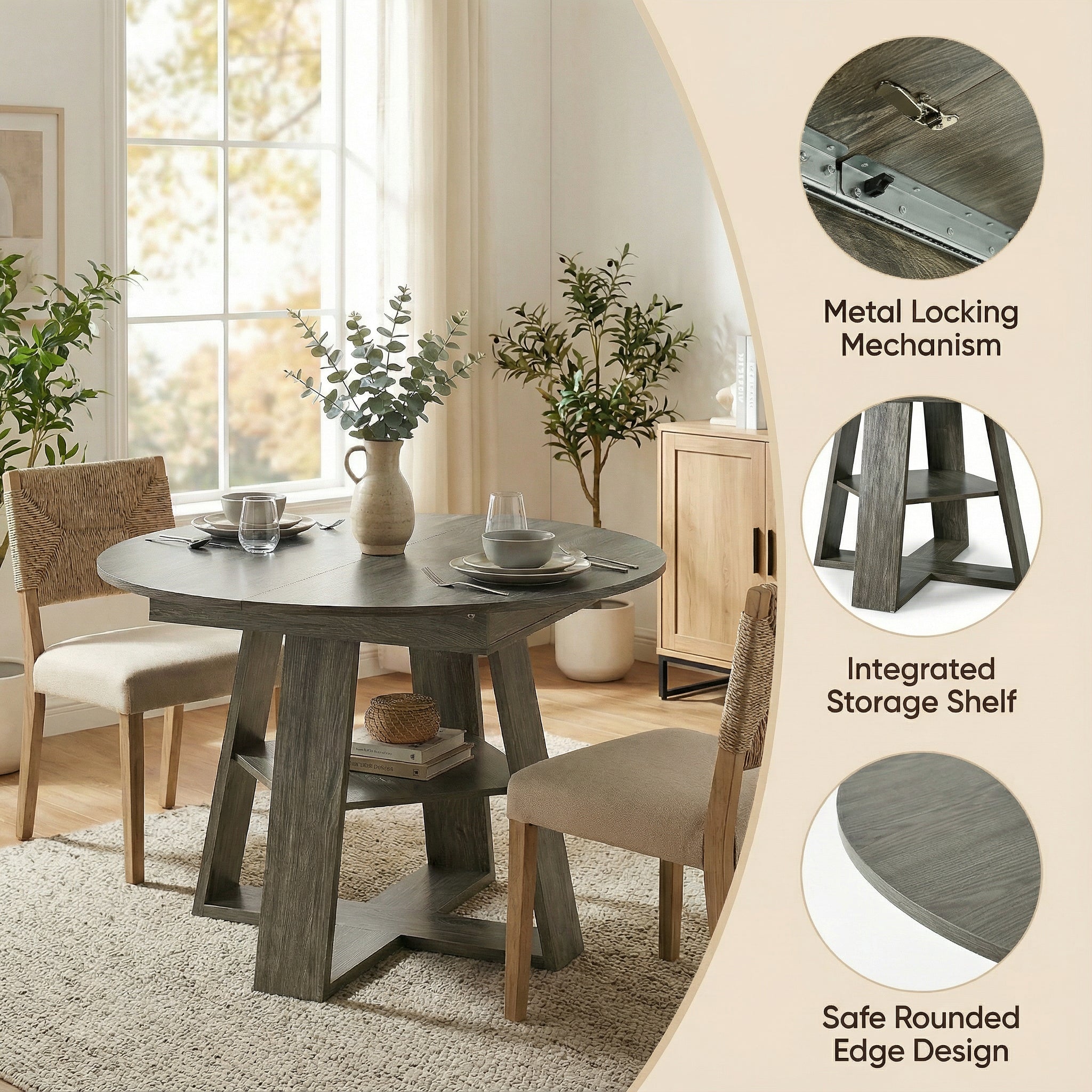 Feature graphic detailing the metal locking mechanism, storage shelf and rounded edges