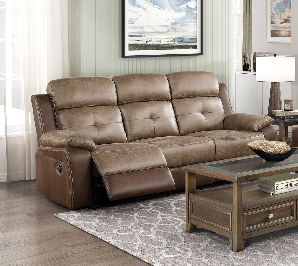 Brown Microfiber Reclining Sofa, 84 in Wide