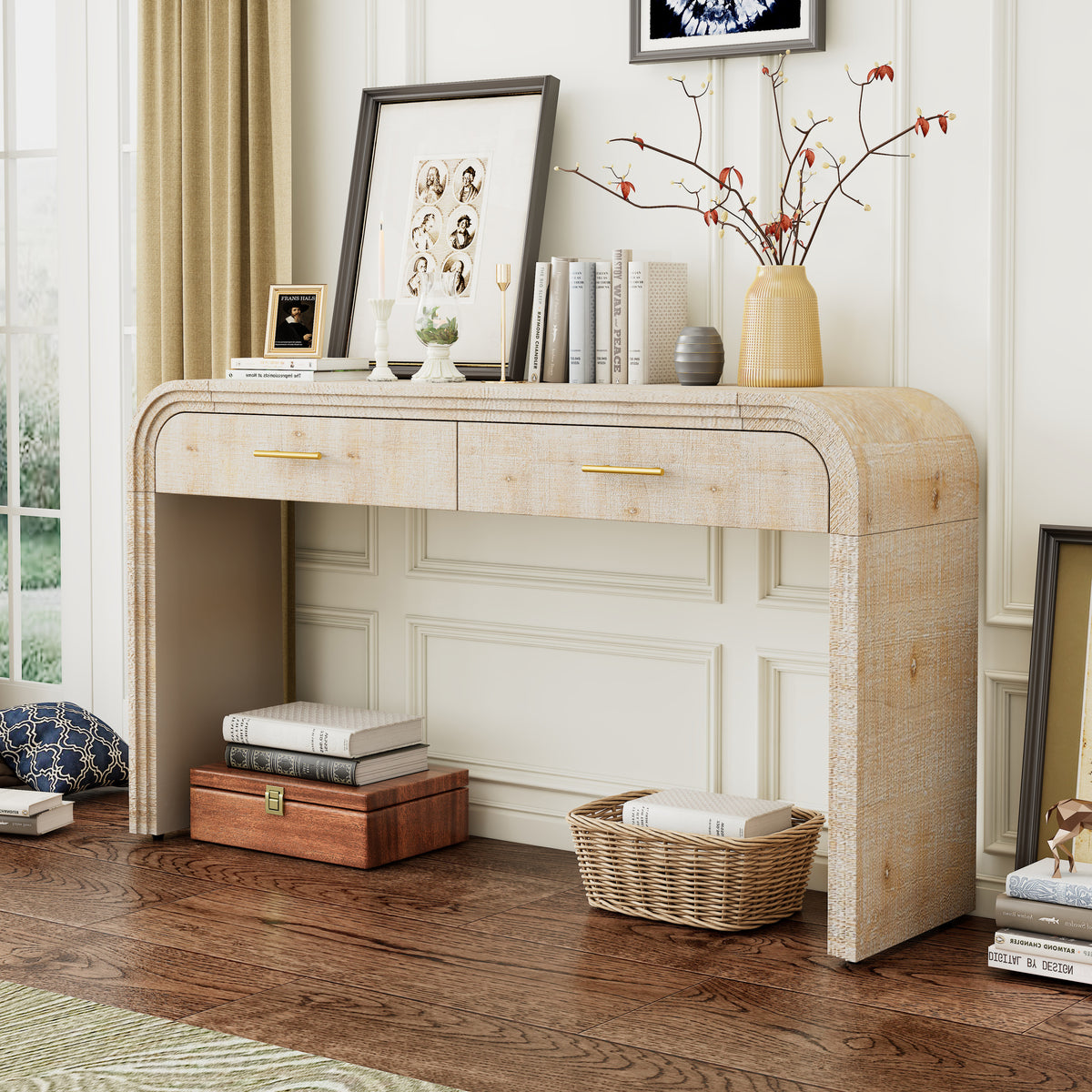 Natural Console Table with Storage, 59.1 in Wide
