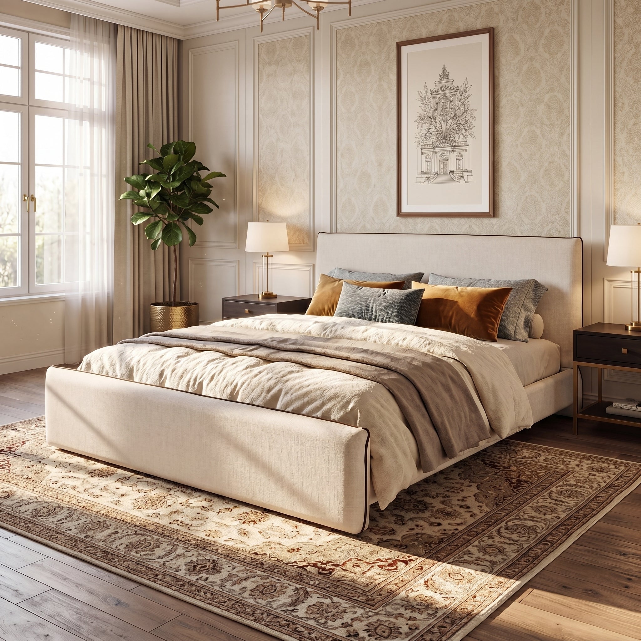 King Linen Upholstered Platform Bed with Thick Headboard, Beige