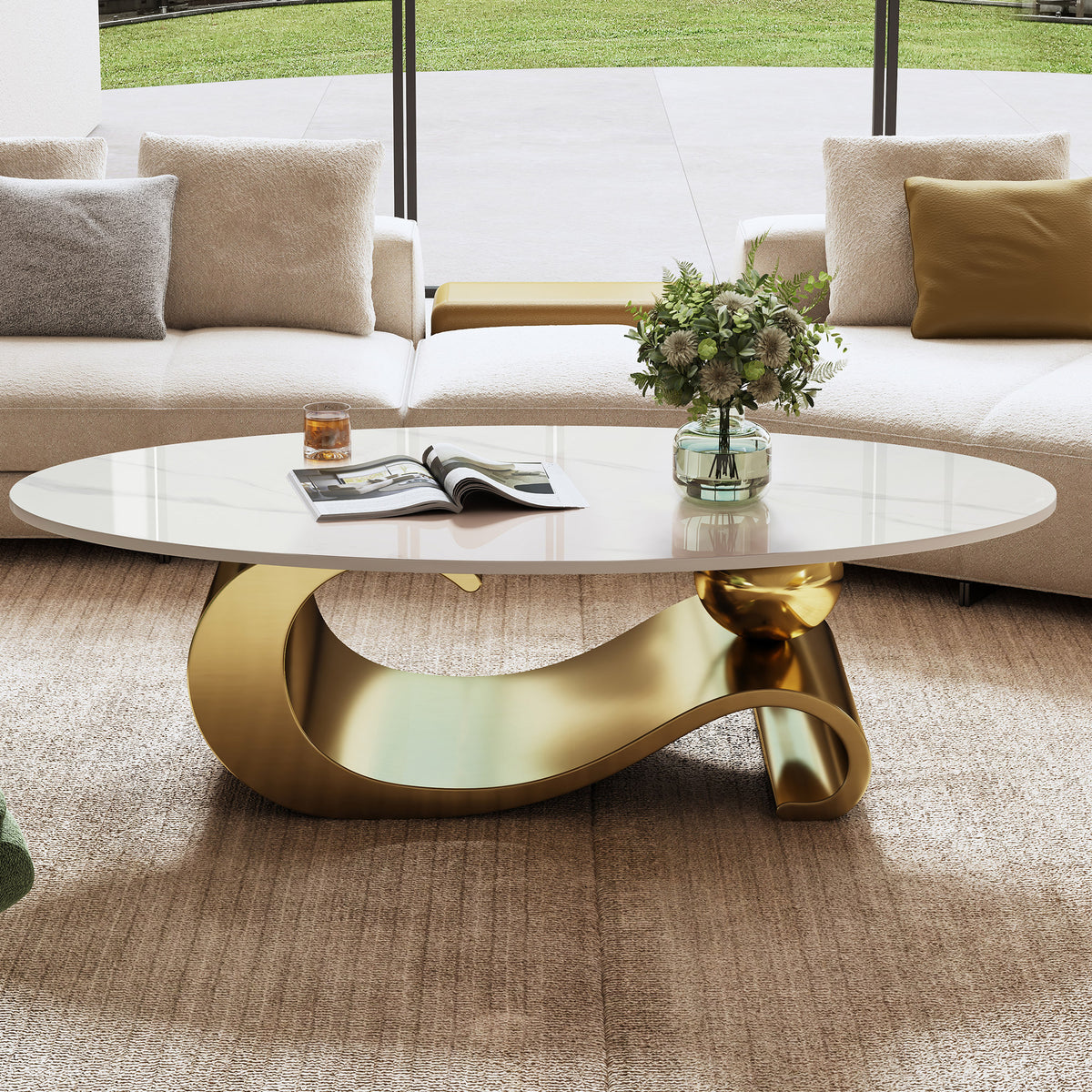 Gold Oval Coffee Table, 49.2 in, Sculptural Curve Base