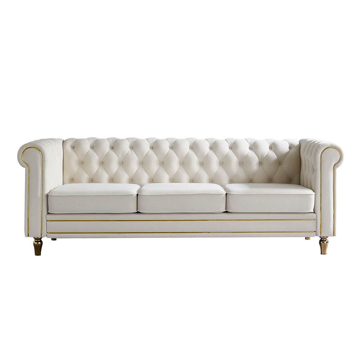 Beige Velvet 3-Seat Chesterfield Sofa, 84.7 in Wide