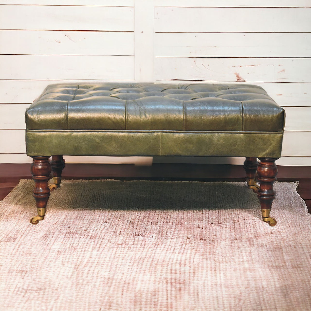 Green Genuine Leather Ottoman, 35.4 in