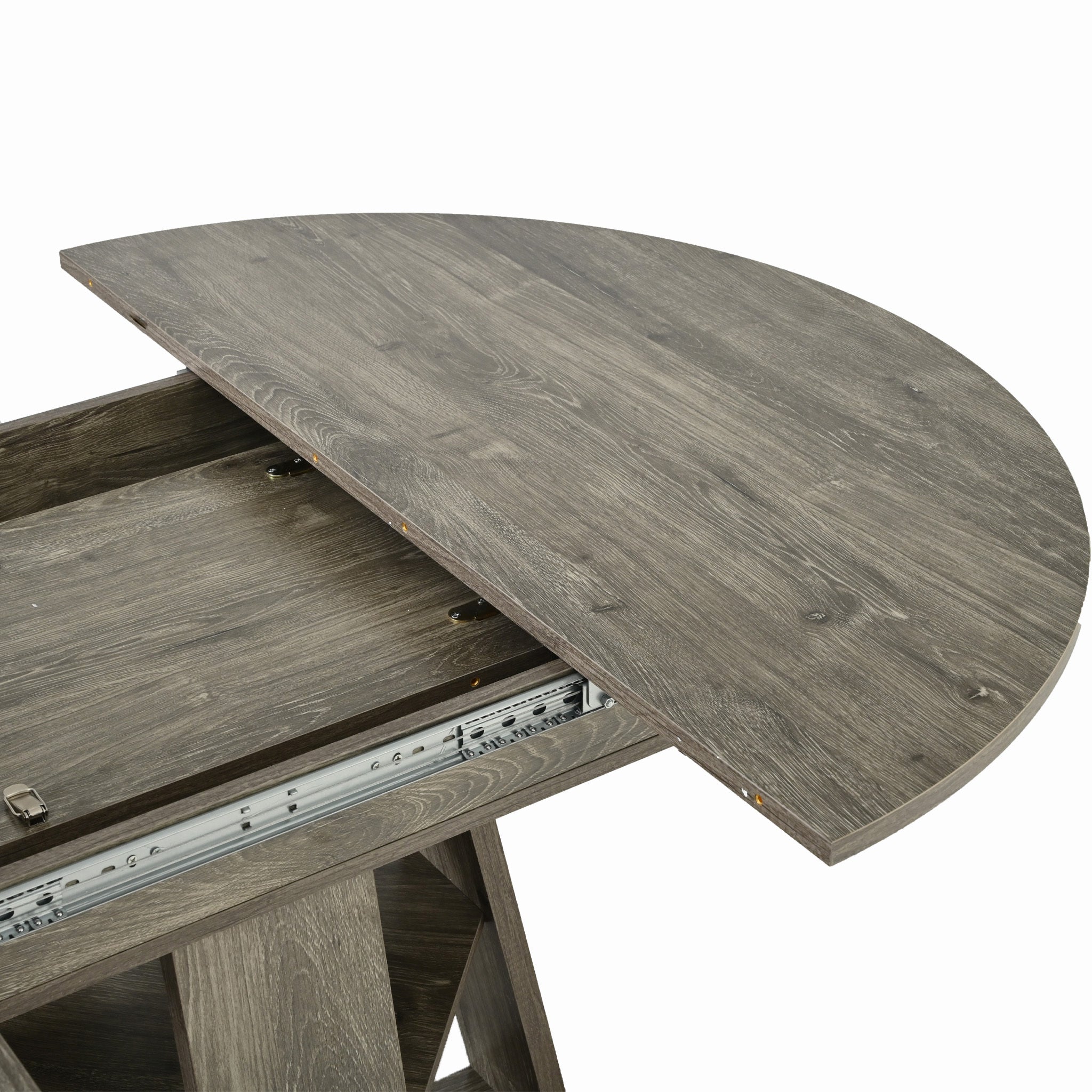 Studio view of the tabletop slid open to reveal the metal extension rail and latch