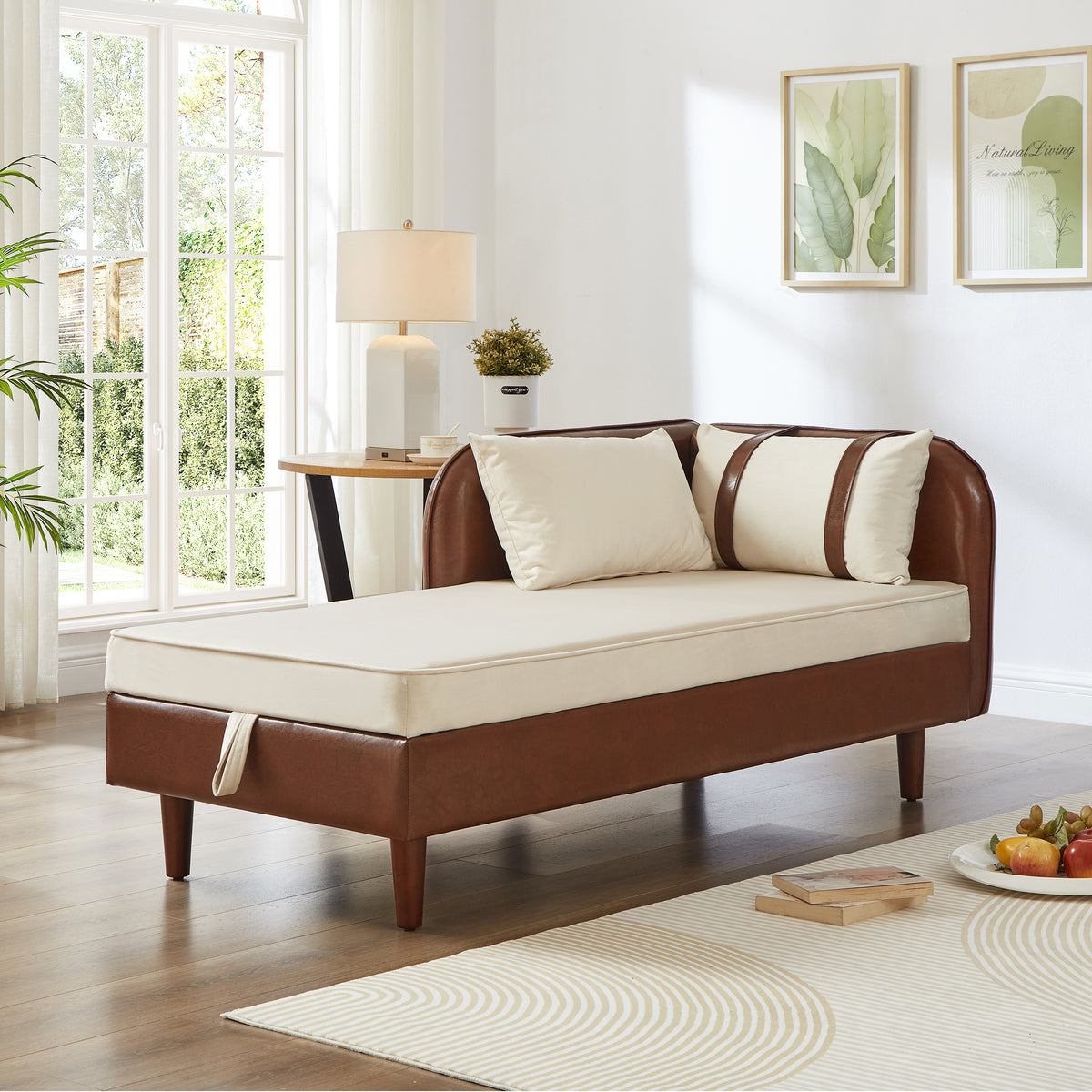 Brown Vegan Leather Chaise Lounge Chair with Storage