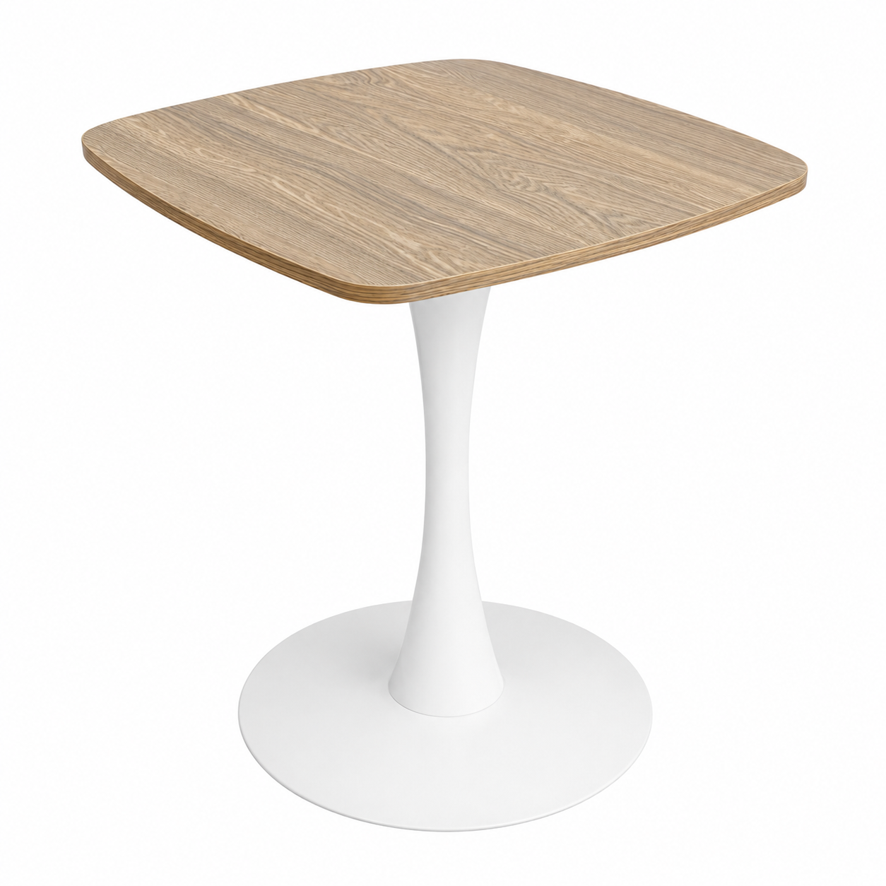 Three-quarter studio view of faux oak square tulip bistro table on white pedestal