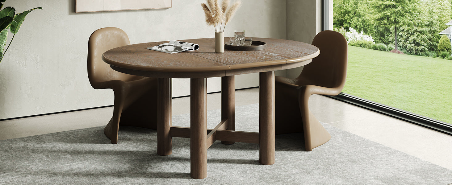 Round closed espresso oak table with a single tan chair on a gray rug