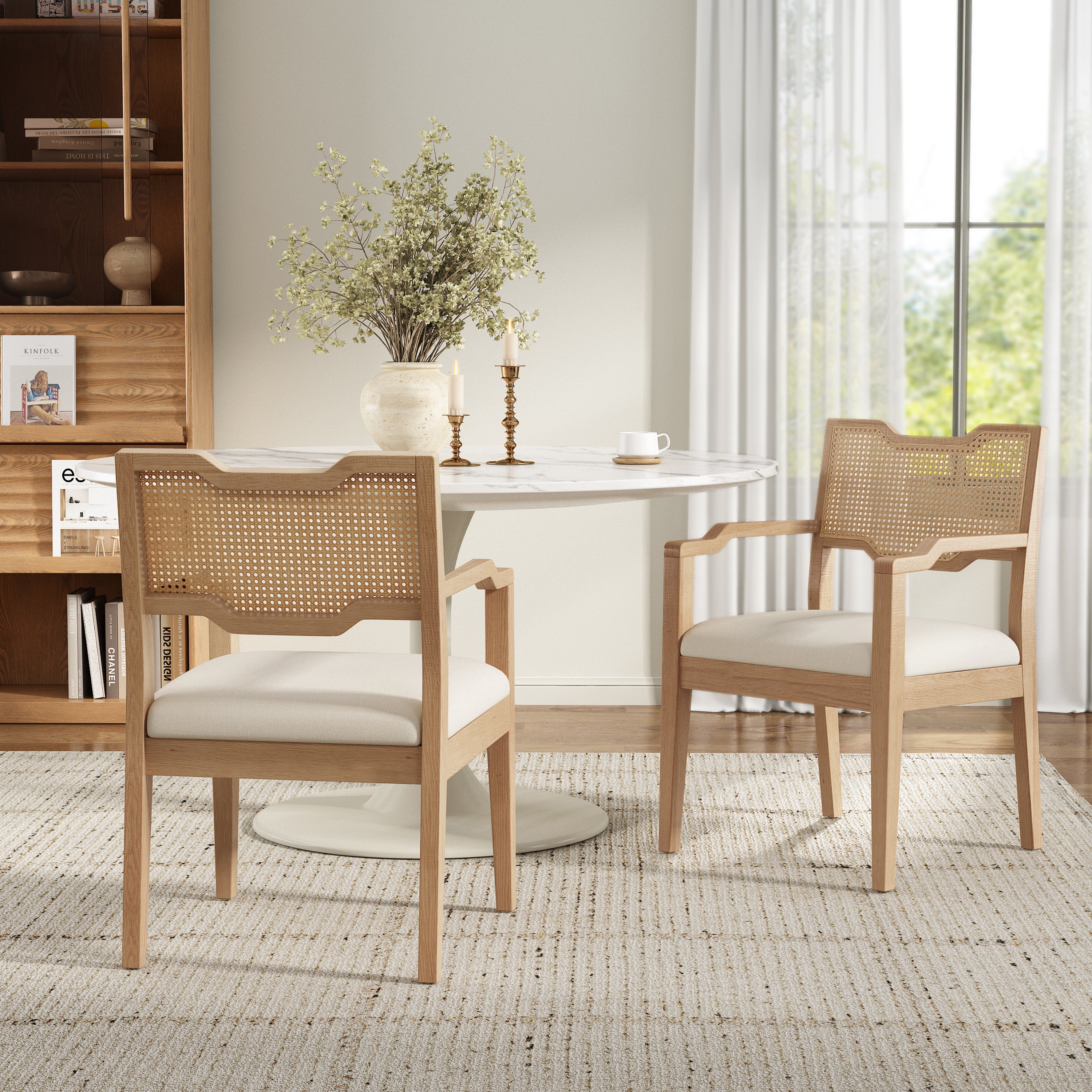 Rattan Cane-Back Dining Armchairs Set of 2, Beige