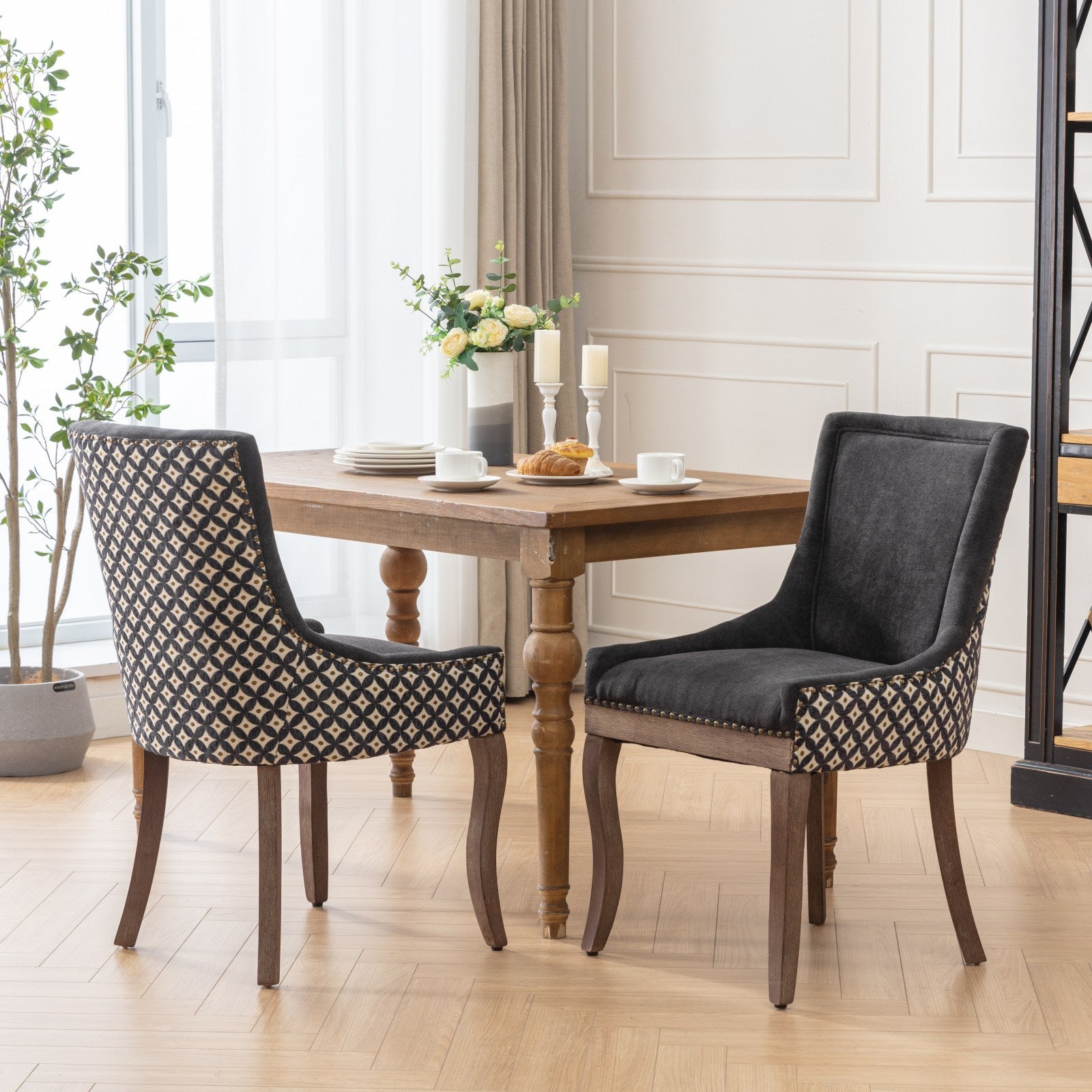 Charcoal Upholstered Dining Chairs Set of 2, Nailhead Trim