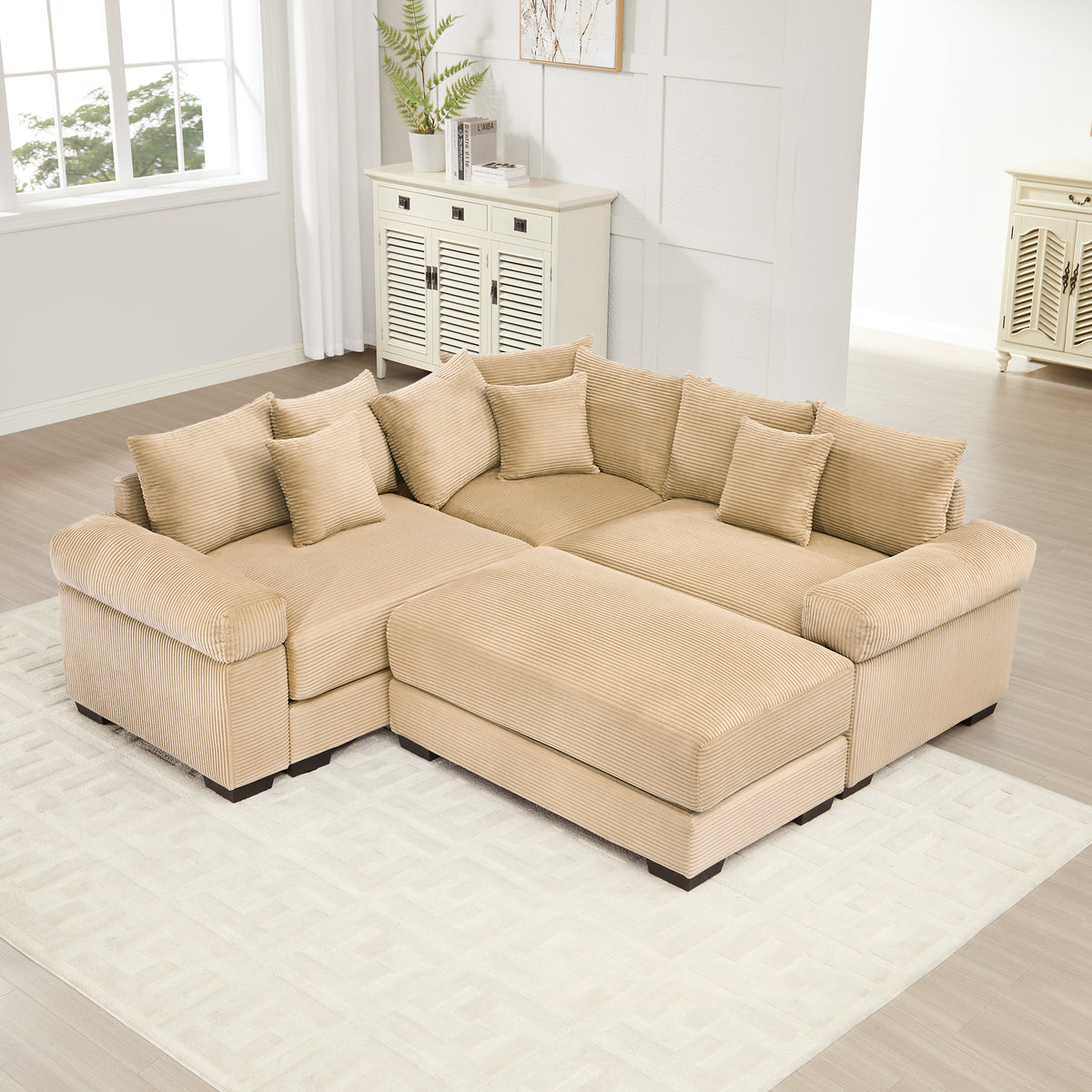 Camel Corduroy Modular Sectional with Ottoman, 3-Seat
