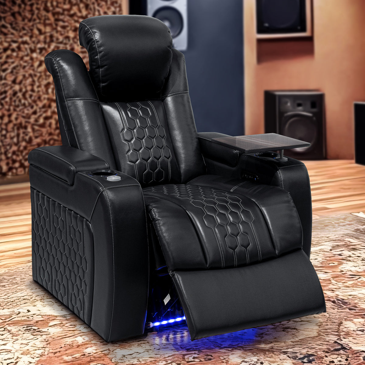 Black Top Grain Leather Power Recliner, USB Charging