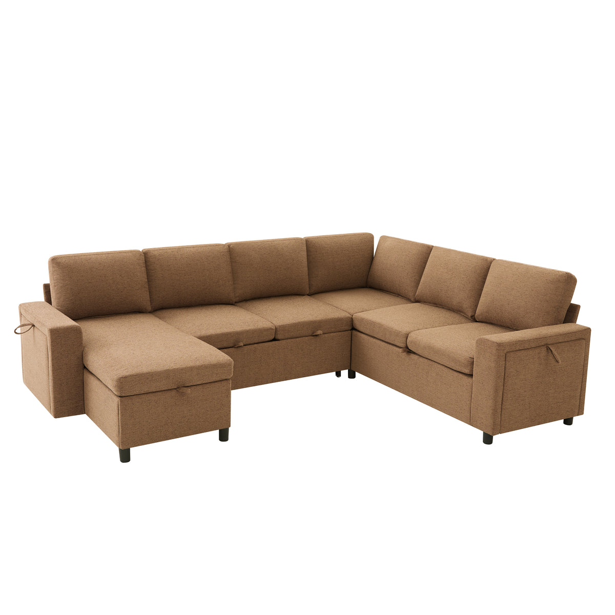 Brown Chenille U-Shaped Sleeper Sectional, USB Charging, 111 in Wide