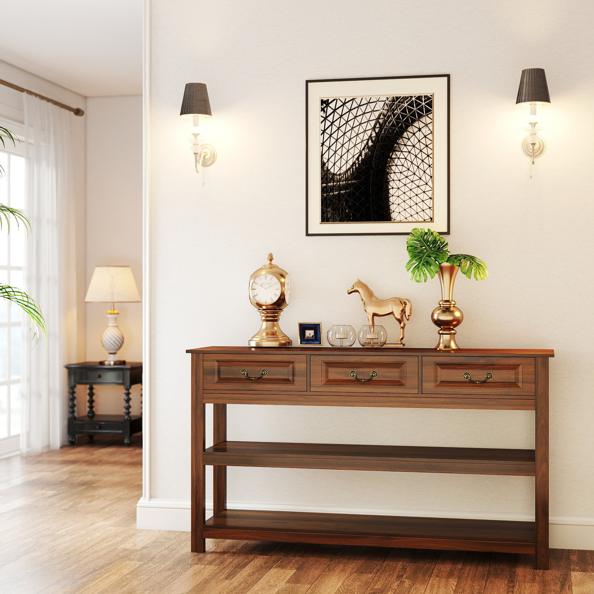 Walnut Entryway Console Table, 3 Drawers, 63 in Wide