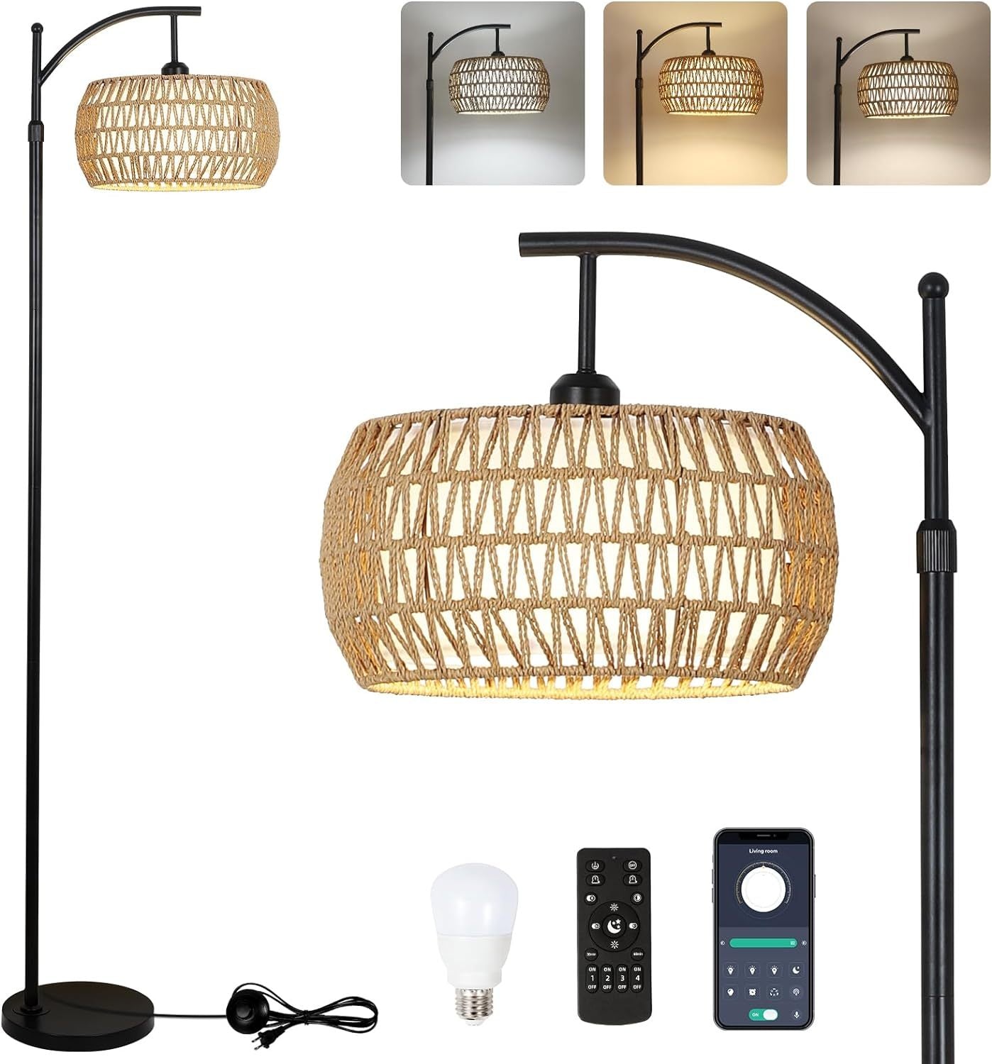 Floor Lamp, Arc Rattan and Metal with Timer, Brown and Black