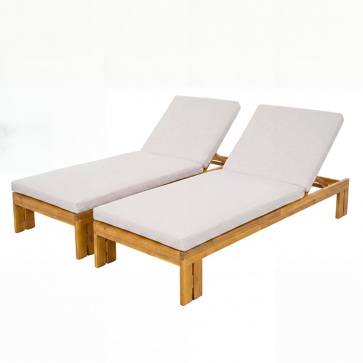 Teak Finish Solid Wood Adjustable Outdoor Chaise Lounge, Set of 2, Beige Cushion