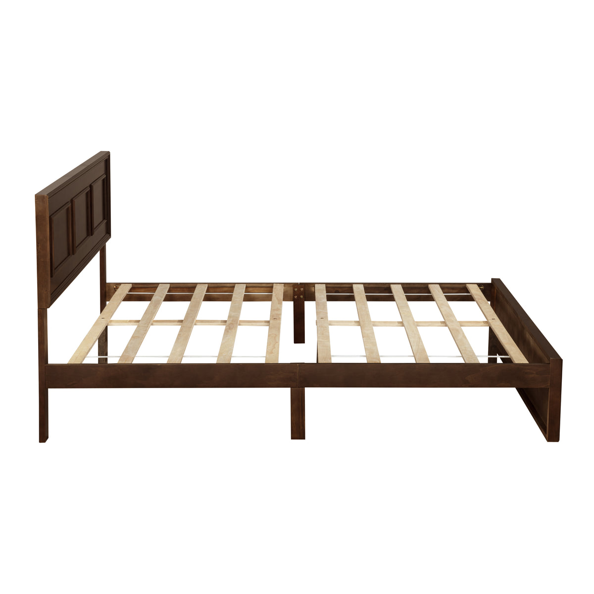 Side profile of rich brown queen bed frame with headboard and exposed wood slats