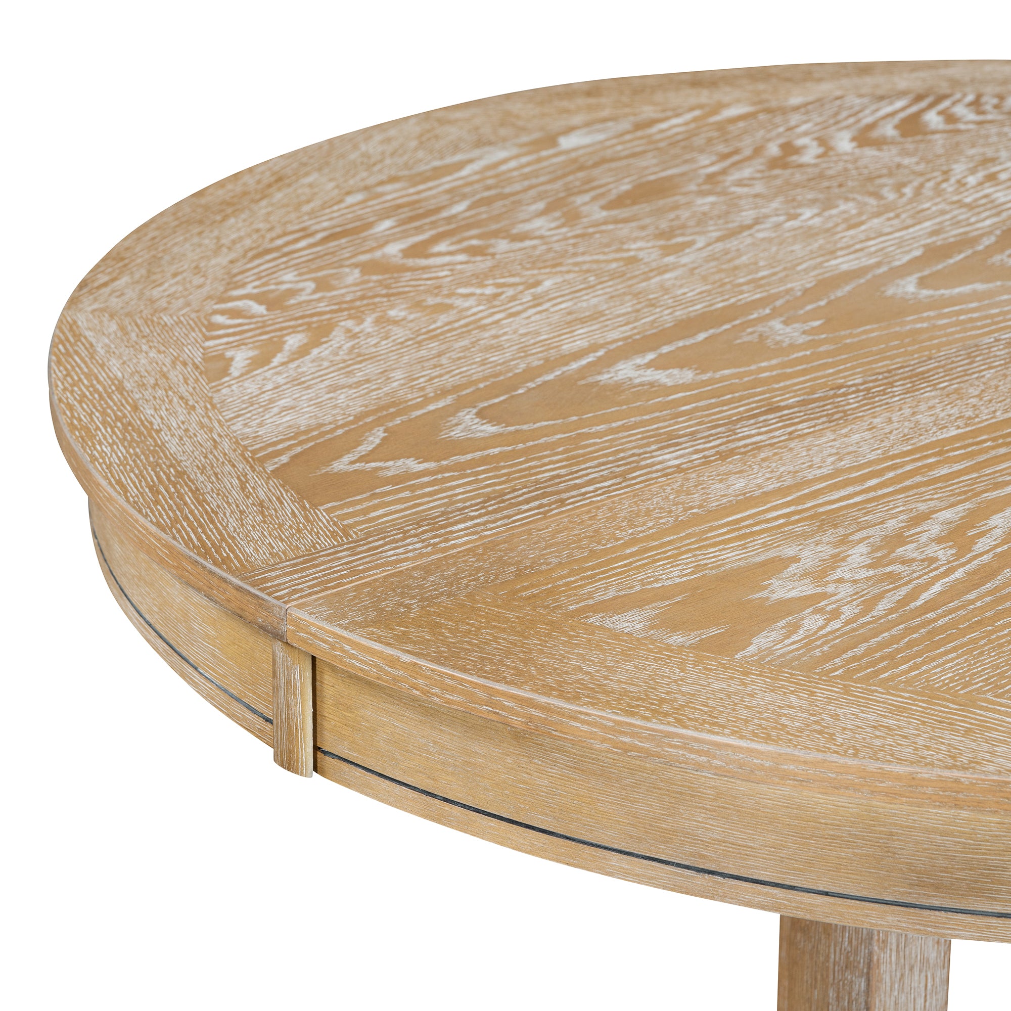 Close-up of the natural oak tabletop edge and limed grain