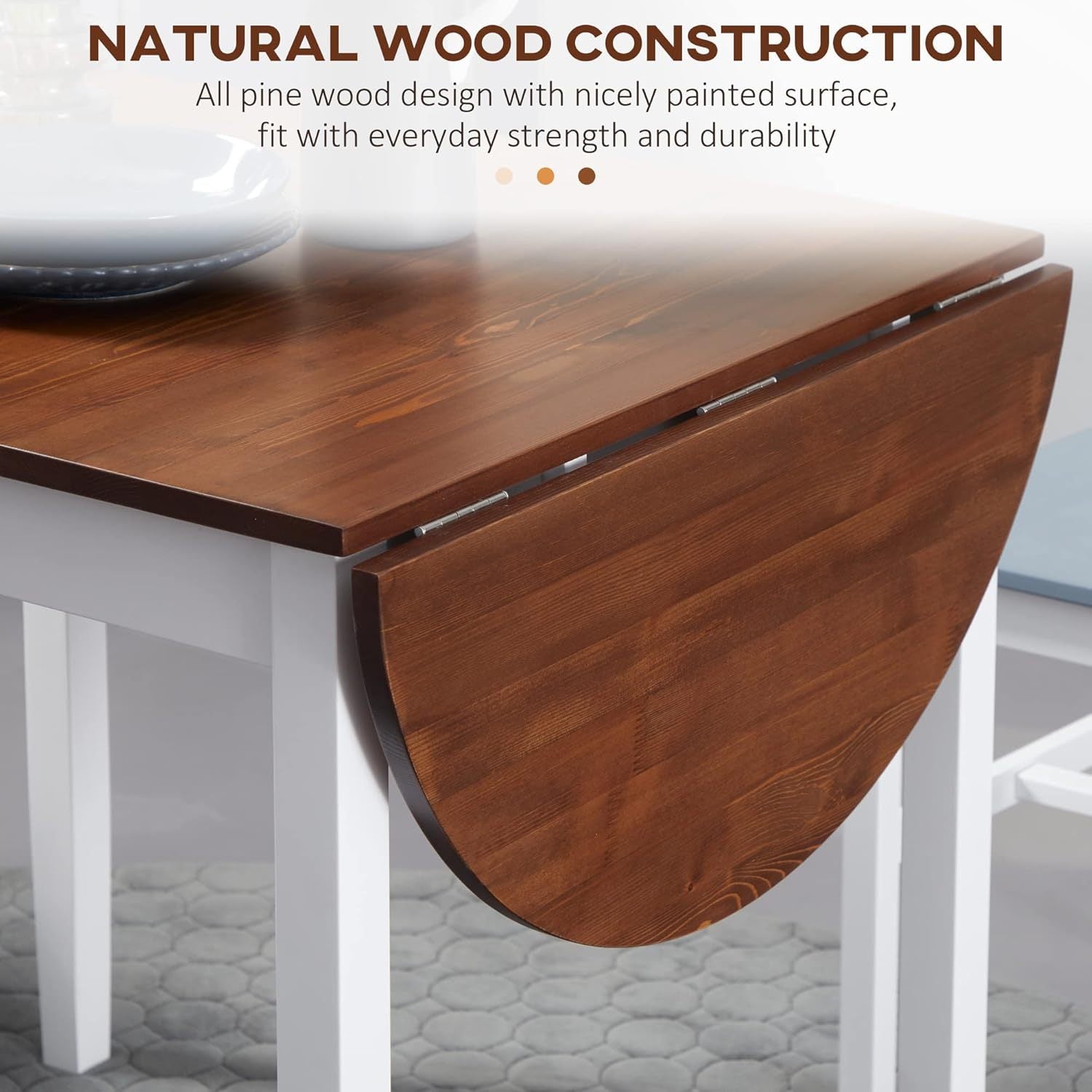 Feature graphic showing close-up of the pine drop-leaf tabletop with the leaf folded down