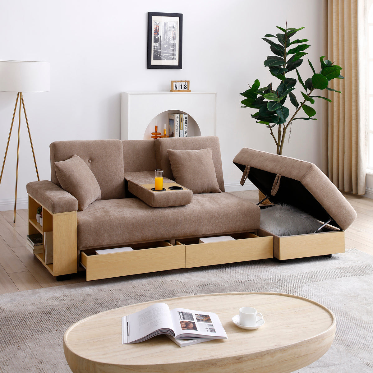 Light Brown Linen 3-Seat Sleeper Sofa with Storage