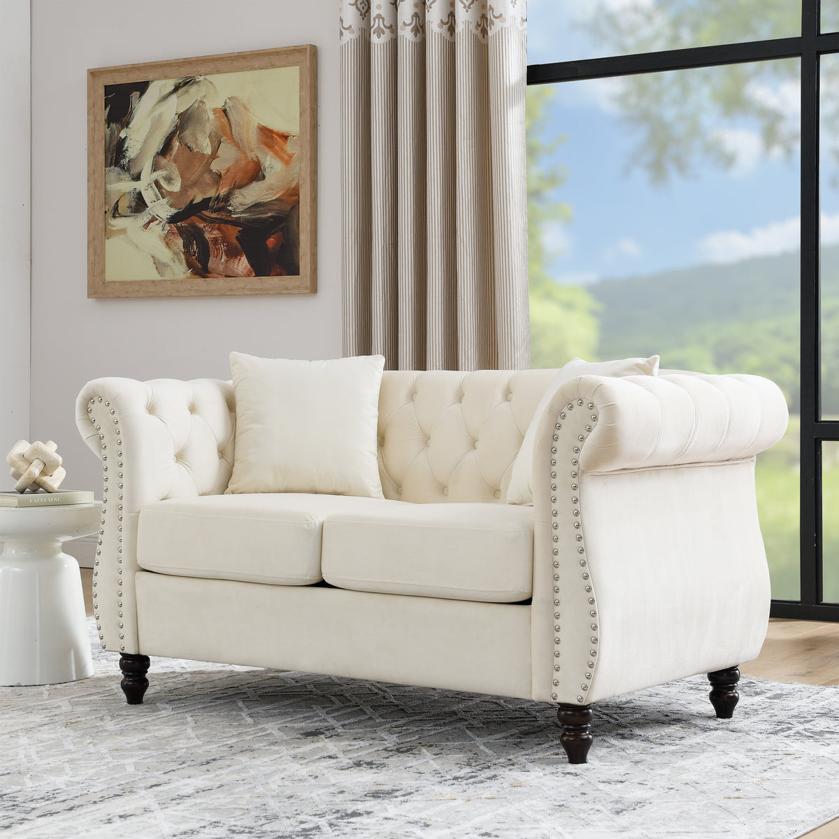 Beige Velvet 2-Seat Chesterfield Sofa