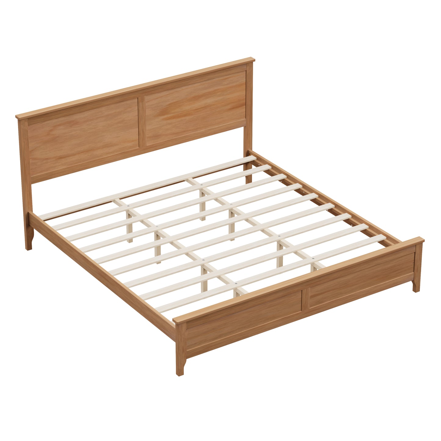 Three-quarter angle of Seadrift king bed frame with wood slats visible