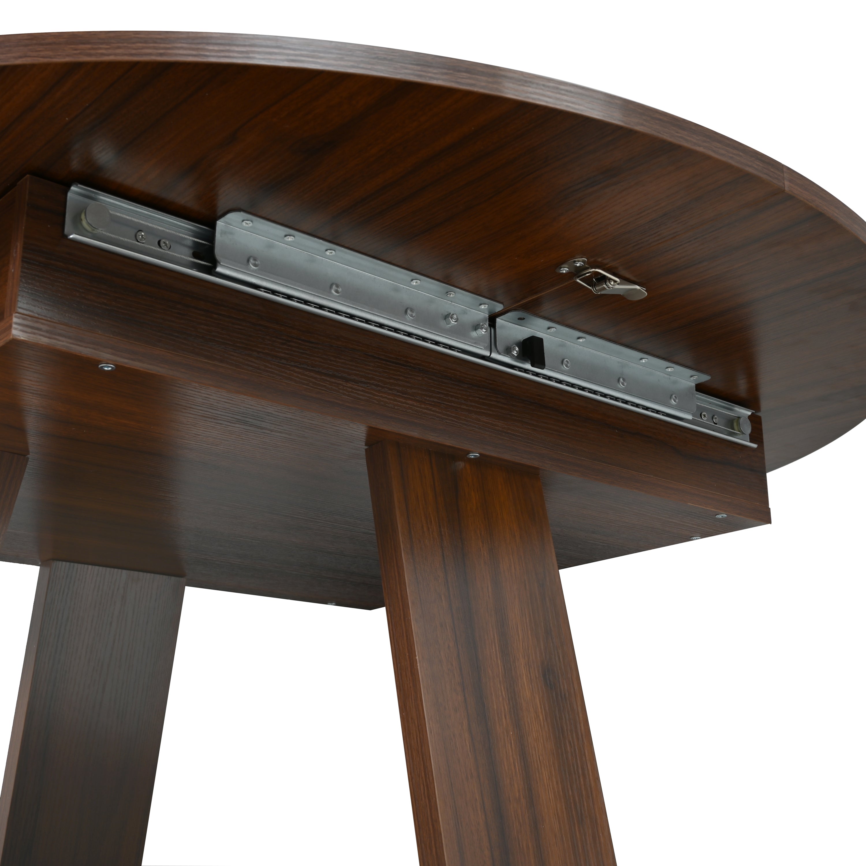 Close-up of the walnut cross-shaped base and lower storage shelf