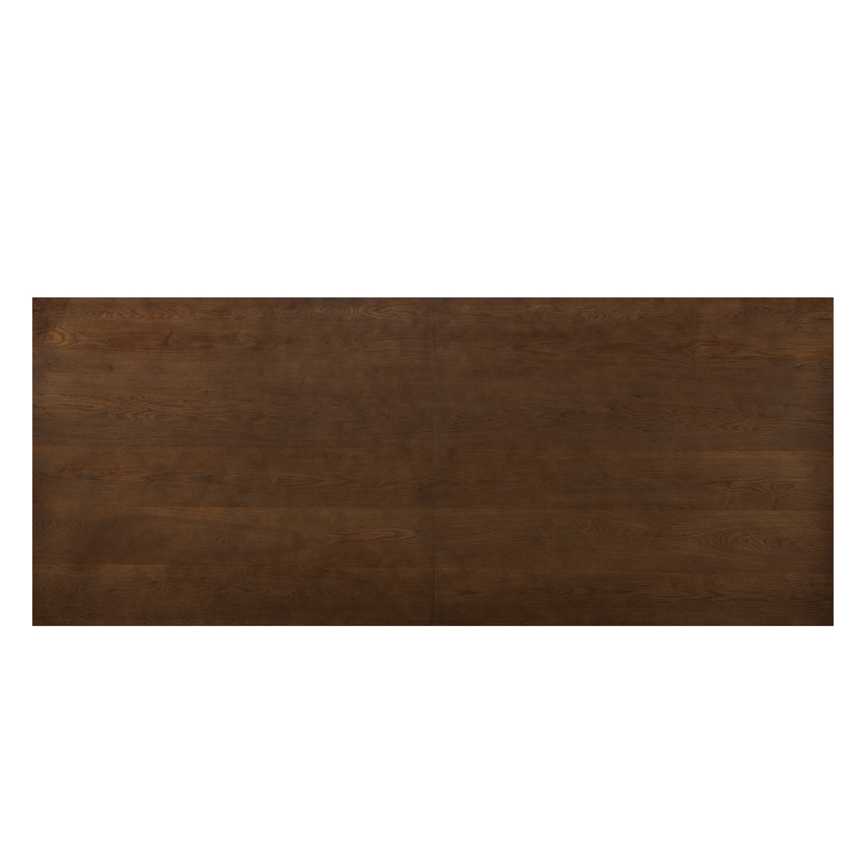 Overhead view of the walnut rectangular tabletop with a center seam and grained surface