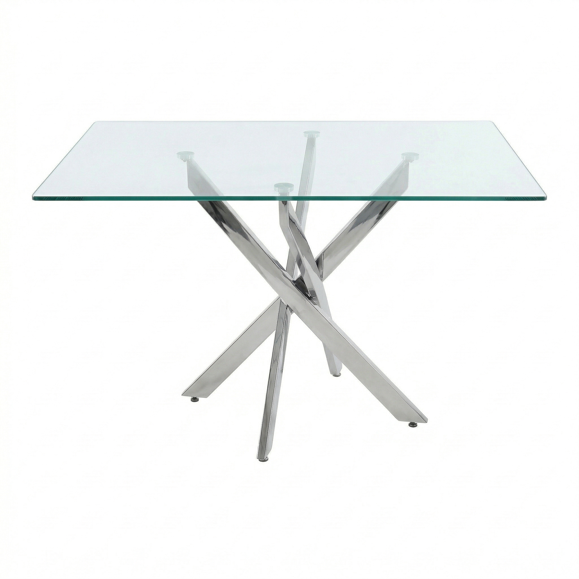 Front studio view of the glass dining table with silver starburst legs
